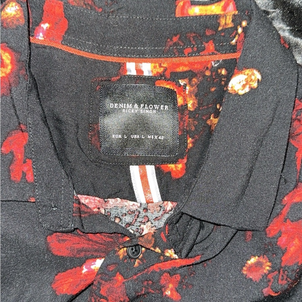 Denim & Flower Black and Red Casual Button Down Shirt